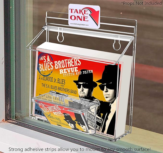 Marketing Holders Outdoor Brochure Holder Holds 7.5" x 5.5" Advertising Postcards and 3.5" x 2" Business Cards Clear Acrylic Wall Mount Box with Lid Includes Take One Sticker and Adhesive Strips