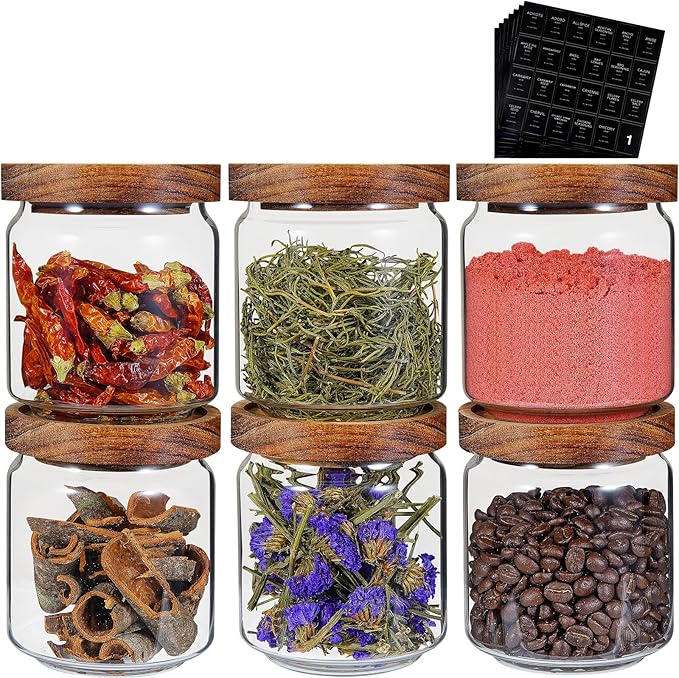 Small Glass Jars with Labels Spice Jar Round Storage Canister with Wooden Lid Clear Glass Food Jar for Pantry Sugar Tea Coffee Bean Spice Nuts Cookies Bath Salts (6 * 420ml(14oz)) - Image 2