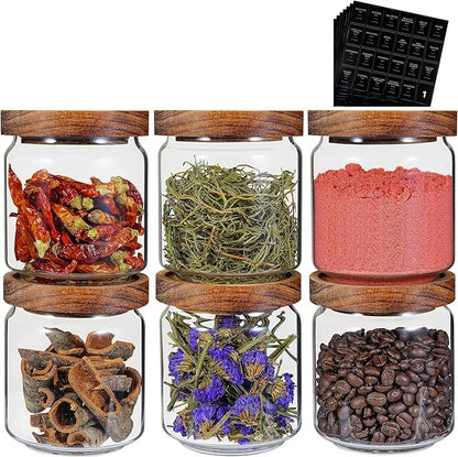 Small Glass Jars with Labels Spice Jar Round Storage Canister with Wooden Lid Clear Glass Food Jar for Pantry Sugar Tea Coffee Bean Spice Nuts Cookies Bath Salts (6 * 420ml(14oz)) - Image 2