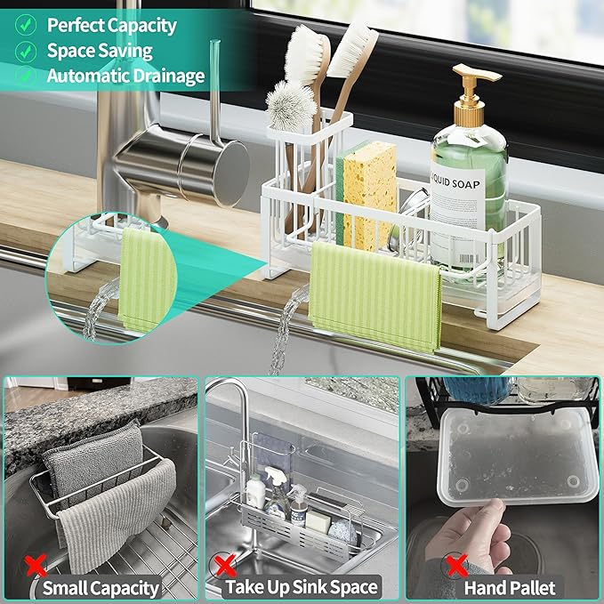 HapiRm Sponge Holder for Kitchen Sink - Self-draining Sink Caddy with Brush and Dishcloth Holders, Stainless Steel Kitchen Organizer for Countertop - White - Image 7