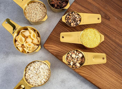 Set of 7 Heavy Duty Measuring Cups, 18/8 Stainless Steel with Ring Connector, Gold