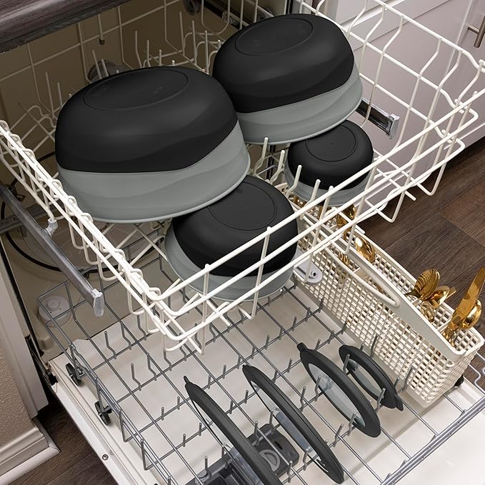 Pera Mixing Bowls with Lids Set, 8 Piece (4 Bowls + 4 Airtight Lids), BPA Free Nesting Kitchen Bowl Set for Mixing & Food Storage, Microwave & Dishwasher Safe (Black)