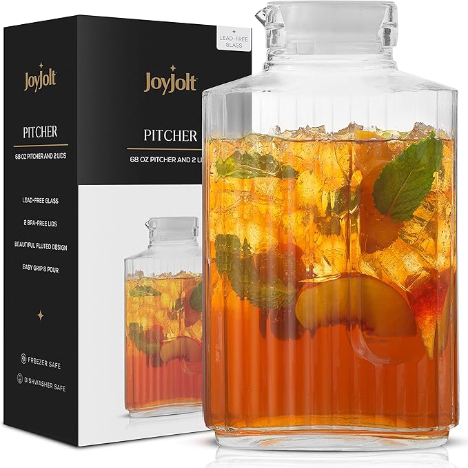 68oz Glass Pitcher with Lid (2 Lids), Rectangle Beverage Serveware and Storage Container for Cold Drinks and Liquids, Water Containers, 2 Quart Pitcher with Lid for Kool Aid and Lemonade by JoyJolt