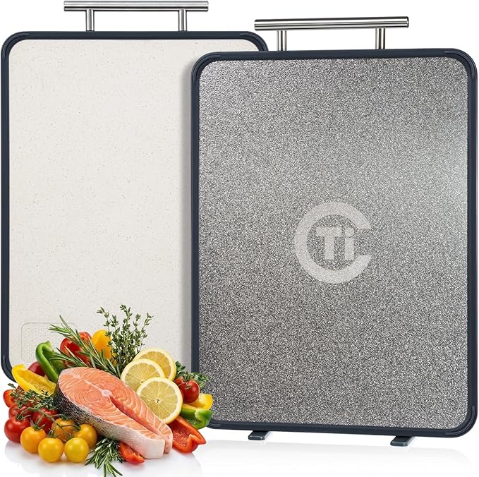 Titanium Cutting Board for Kitchen- Double Sided Chopping Board with Rotatable Feet, Textured Food-Grade Titanium Surface for Raw Meats & PP Surface for Produce – Easy to Clean (14.5" × 11", 1 Pack)