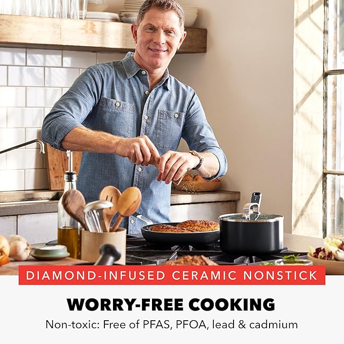 GreenPan x Bobby Flay 13 Piece Nonstick Cookware Pots and Pans Set, PFAS-Free Diamond Ceramic, Induction Suitable, Easy Clean Dishwasher & Oven Safe, Stay-Cool Silicone Handles, Glass Lids, Black - Image 2