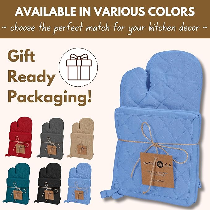 Native Fab Pot Holders and Oven Mitts Sets for Kitchen Heat Resistant - Hanging Non-Slip - 100% Cotton Kitchen Oven Mitts and Pot Holders 4-Piece Set - Blue - Image 6