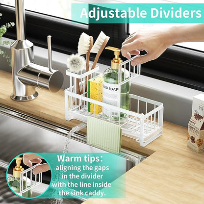 HapiRm Sponge Holder for Kitchen Sink - Self-draining Sink Caddy with Brush and Dishcloth Holders, Stainless Steel Kitchen Organizer for Countertop - White - Image 4