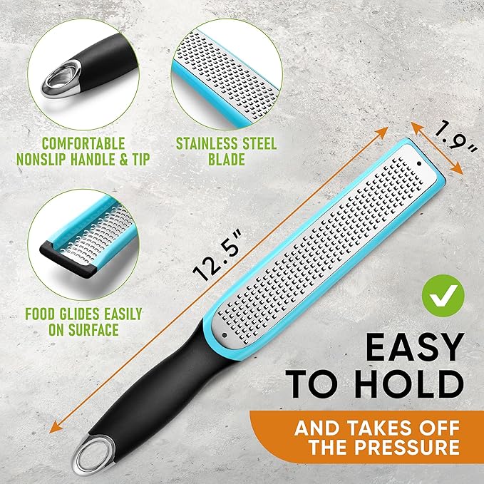Spring Chef Premium Lemon Zester Grater with Handle - Fruits, Garlic, Chocolate, Ginger Grater - Heavy Duty Kitchen Tool - Stainless Steel Citrus Zester with Blade Cover - Fine Shred - Blue/Black - Image 3