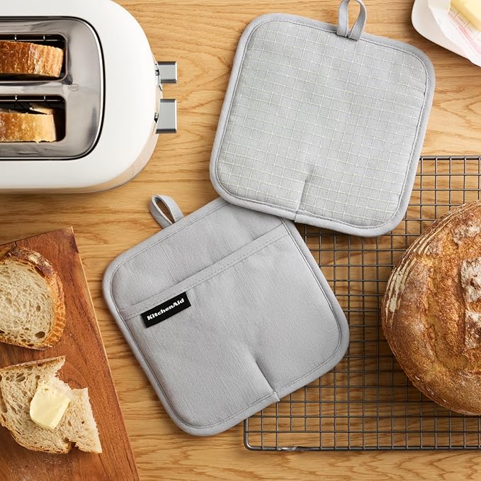 KITCHENAID Gourmet Series Gridlines Pot Holders 2-Pack Set, Heat Resistant up to 600°F, Soft Silicone Grip, Magnetic Cuff, Matte Grey, 8"x8" - Image 2