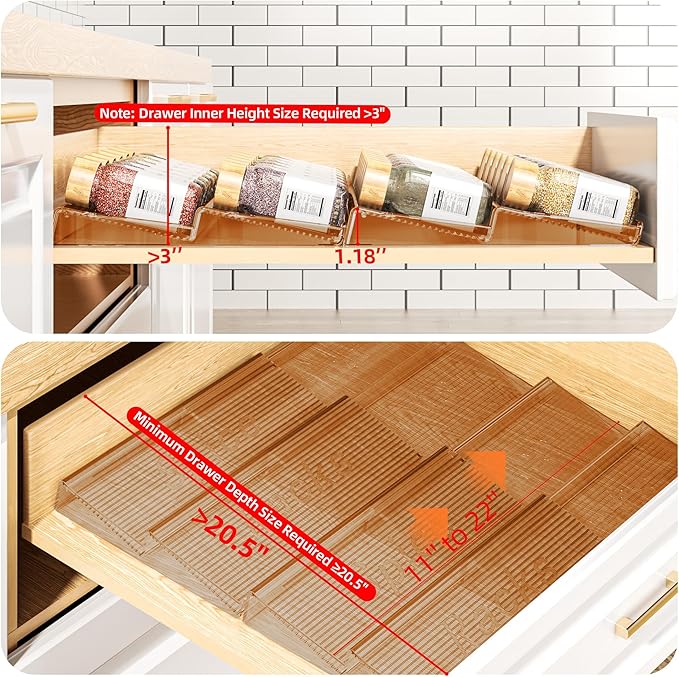 MUDEELA Clear Spice Drawer Organizer, 4 Tier- 2 Set (4 Packs) Spice Rack for Drawer, Expandable From 11" to 22" Kitchen Seasoning Organizers and Storage for Drawer (Jars not included), Amber - Image 2