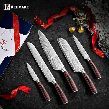 KEEMAKE Knife Set 5 Pieces, Professional Kitchen Knife Set, High Carbon Stainless Steel Chef Knife Set, Ultra Sharp Blade Knives Set for Kitchen with Ergonomic Pakkawood Handle & Gift Box