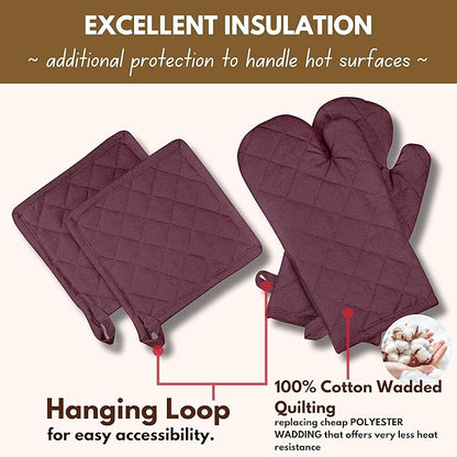 Native Fab 4 Piece Set - 2 Oven Mitts & 2 Potholders, Heat Resistant, 100% Cotton, Quilted Design, Non-Slip Grip, Machine Washable, Ideal for Baking, Cooking, BBQ, Kitchen Protection - Burgundy Wine - Image 3