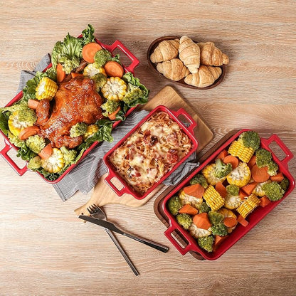 VICRAYS Ceramic Bakeware Set, Porcelain Rectangular Baking Dish, Baking Pan Lasagna Pans Casserole Dish Set for Cooking, Kitchen, Cake Dinner, Banquet and Daily Use, 3 PCS, 15 x 8.5 Inches (Red) - Image 5