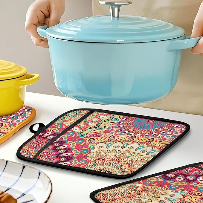 Colorful Abstract Mandala Floral Pot Holders for Kitchen, Boho Vibrant Ethnic Flower Botanical Heat Resistant Hot Pads and Oven Mitts for Baking Cooking - Image 5