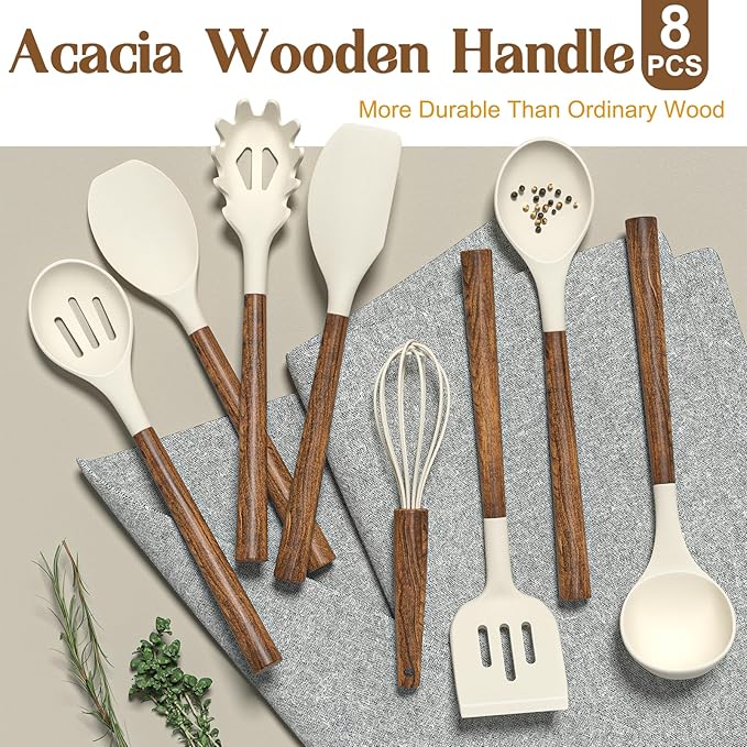 Non-Stick Silicone Kitchen Utensils Set with Natural Acacia Hard Wood Handle, Umite Chef 8 Pieces Kitchen Spatulas set, White, BPA Free, Baking, Serving and Cooking Utensils - Image 5