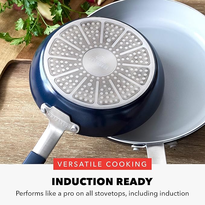 GreenPan x Bobby Flay 13 Piece Nonstick Cookware Pots and Pans Set, PFAS-Free Diamond Ceramic, Induction Suitable, Easy Clean Dishwasher & Oven Safe, Stay-Cool Silicone Handles, Glass Lids, Navy Blue - Image 7