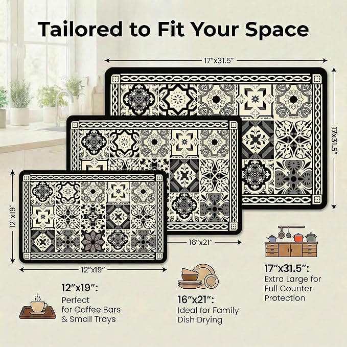 Boho Dish Drying Mat for Kitchen Counter - Super Absorbent Faux Leather Kitchen Mat, Quick Dry & Non-Slip Countertop Protector, Aesthetic Bohemian Decor for Coffee Bar (17"x31.5", Black)