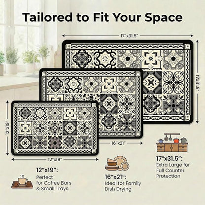 Boho Dish Drying Mat for Kitchen Counter - Super Absorbent Faux Leather Kitchen Mat, Quick Dry & Non-Slip Countertop Protector, Aesthetic Bohemian Decor for Coffee Bar (17"x31.5", Black)