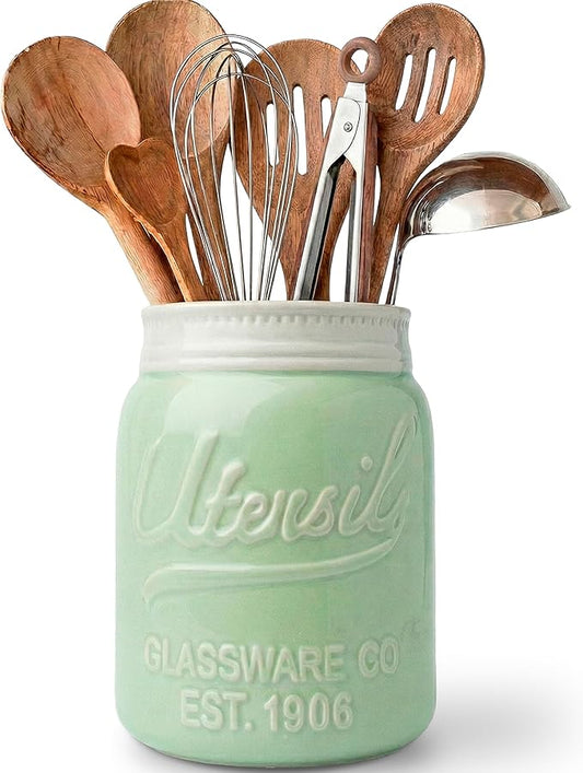 Comfify Wide Mouth Mason Jar Utensil Holder Decorative Kitchenware Organizer Crock, Dishwasher Safe - Kitchen Caddy Green, Large Size 7" Hight by Comfify