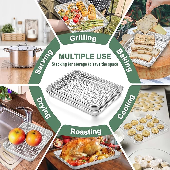 Homikit Cookie Sheet with Rack (1 Pan+1 Rack), 10 x 8 Inch Stainless Steel Small Baking Sheet with Wire Rack Set for Baking Roasting Cooling, Toaster Oven Pan Bacon Tray, Non-Toxic & Dishwasher Safe