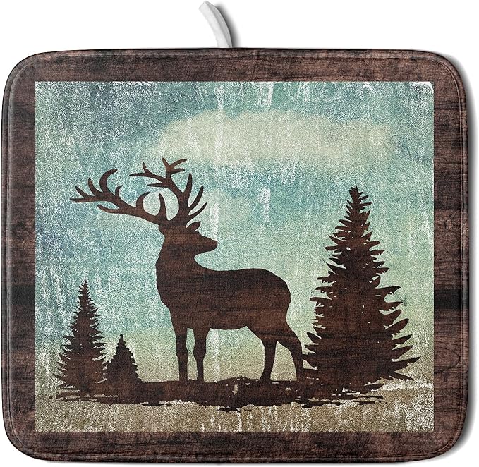 Giwawa Retro Deer Forest Cabin Silhouette Dish Drying Mat Countertop 16x18 Fall Blue Sky Cloud Cartoon Elk Wild Animal Bushes Drainer Mat Pine Tree Grass Dishes Pad Rustic Dish Drainer Rack