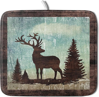 Giwawa Retro Deer Forest Cabin Silhouette Dish Drying Mat Countertop 16x18 Fall Blue Sky Cloud Cartoon Elk Wild Animal Bushes Drainer Mat Pine Tree Grass Dishes Pad Rustic Dish Drainer Rack
