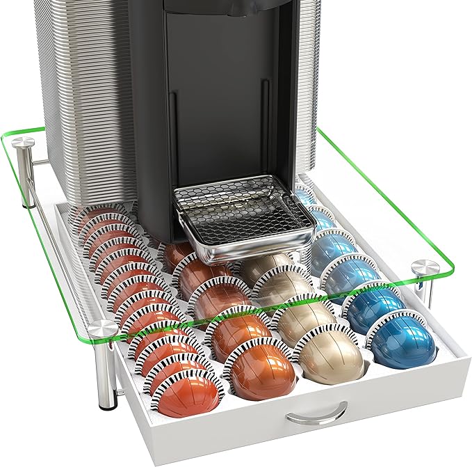 DecoBrothers Crystal Tempered Glass Vertuo Pod Holder Drawer, 28 Large or 56 Small Nespresso Capsule Organizer, White by DecoBrothers