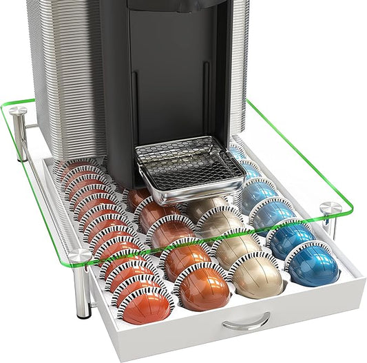 DecoBrothers Crystal Tempered Glass Vertuo Pod Holder Drawer, 28 Large or 56 Small Nespresso Capsule Organizer, White by DecoBrothers