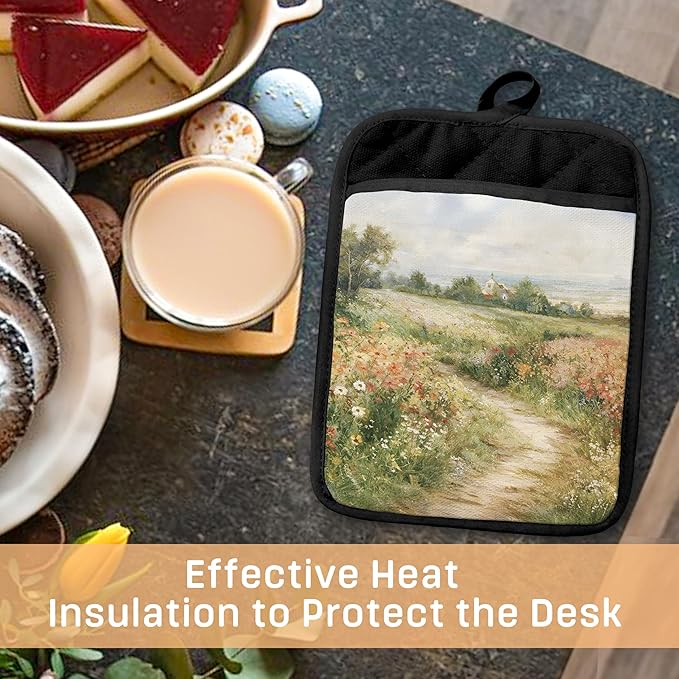 Rustic Wildflower Meadow Pot Holders with Pockets, Cottagecore Country Landscape Oven Pot Holders Heat Resistant Oven Mitts Hot Pads for Kitchen Baking Cooking