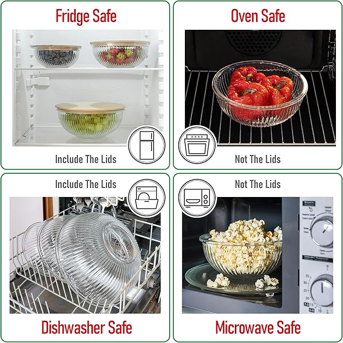 Stackable Space-Saving Nesting Set of 3 Glass Bowls with Bamboo Lids for Foodprep, Storage, Mixing & Cooking - Microwave & Oven Safe BPA Free Durable Heat Resistant Inert Borosilicate Glass - Image 6