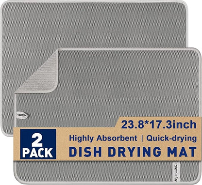 Large Dish Drying Mat 2 Pack, 23.8" x 17.3" Microfiber Ultra Absorbent Quick-Dry Dish Drying Mats for Kitchen Counter, Dish Rack Mat & Drying Pad for Countertops & Sinks, Machine Washable, Gray by Hydro2Go