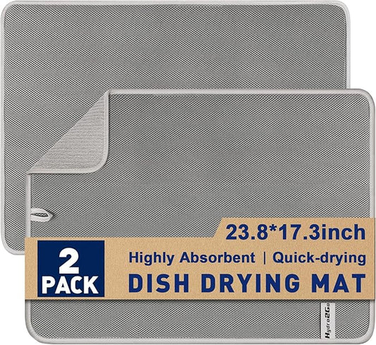 Large Dish Drying Mat 2 Pack, 23.8" x 17.3" Microfiber Ultra Absorbent Quick-Dry Dish Drying Mats for Kitchen Counter, Dish Rack Mat & Drying Pad for Countertops & Sinks, Machine Washable, Gray by Hydro2Go