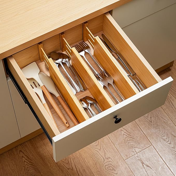 Fabsome Dresser Drawer Organizers 6 Pack, 4.65'' High Adjustable from 12.5-17‘’ Bamboo Drawer Dividers for Clothing Baby Clothes, Wooden Separators for Dresser Nursery Organization with Soft Foam Ends - Image 7
