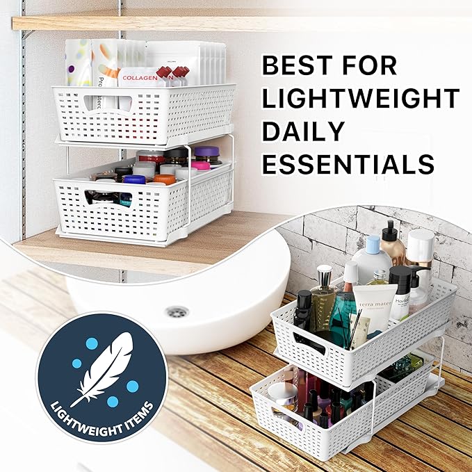Simple Houseware 2 Tier Bathroom Organizer Tray Pull-Out Sliding Drawer, Under Sink Storage, White - Image 7