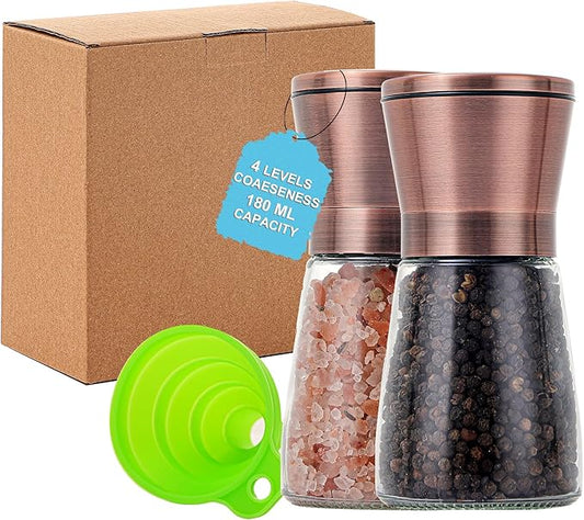 DAVIMADE Short Copper Salt and Pepper Grinder Set of 2，Refillable Adjustable Coarseness Stainless Steel Glass Bottle, Pepper Mills W/Funnel for Kitchen
