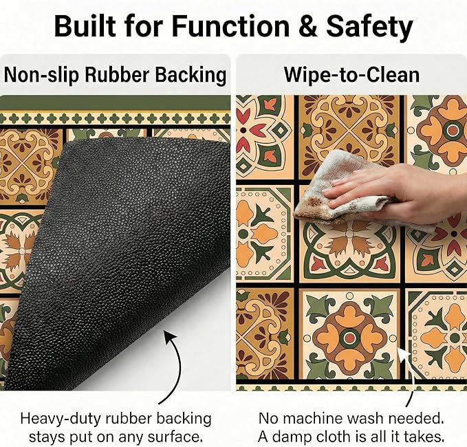 Boho Dish Drying Mat for Kitchen Counter - Super Absorbent Faux Leather Kitchen Mat, Quick Dry & Non-Slip Countertop Protector, Aesthetic Bohemian Decor for Coffee Bar (12"x19", Green)