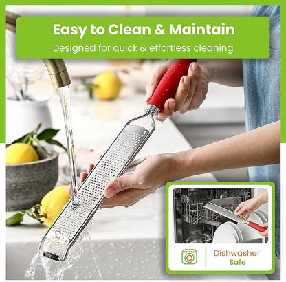 Spring Chef Stainless Steel Lemon Zester Grater with Handle - Garlic, Cheese, Parmesan, Nutmeg, Lime, Ginger Grater - Heavy Duty Kitchen Tool - Citrus Zester with Blade Cover - Fine Shred - Red