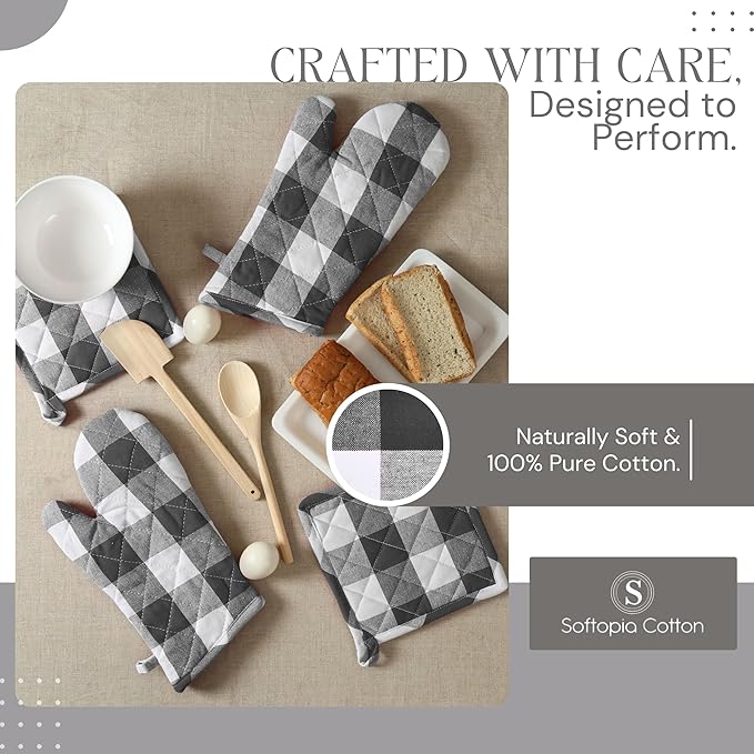 Oven Mitt & Pot Holder Buffalo Plaid Check 100% Cotton Heat Resistant Oven Gloves (7"x13") & Hot Pads (8"x8") Combo for Baking, Cooking - Grey