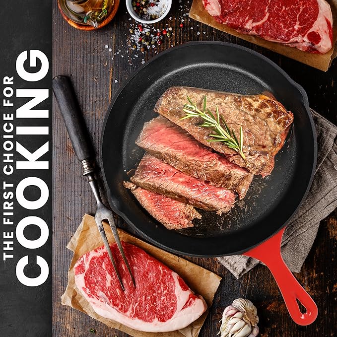 Utopia Kitchen Cast iron Skillets 3 Piece Set,Chefs Pan, Pre Seasoned Cast iron Skillets, 6, 8 & 10 Inches, Easy Use in the Oven, Stove, Grill, or Campfire, Red - Image 6