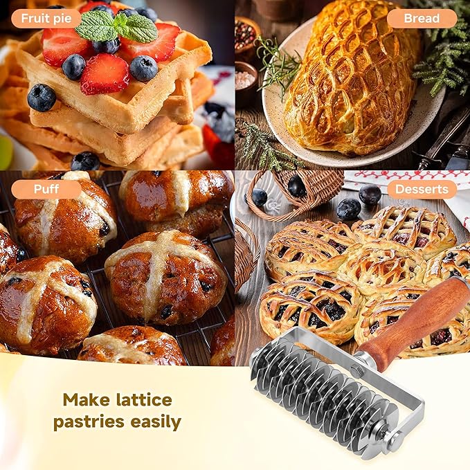 Pastry Lattice Roller Cutter, Stainless Steel Dough Cutter Wheel with Wood Handle, Time-Saver Baking Tools for Beef Wellington Pie Crust Pizza Bread, JKUS20408