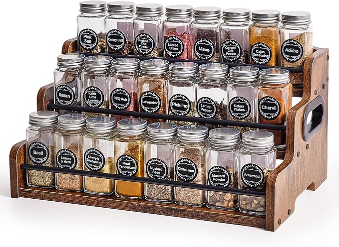 Aminigram Wood Spice Rack Organizer for Cabinet, 3 Tier Spice Shelf Storage, Kitchen Seasoning Organizer for Spice Bottles, Jars, Seasonings, Baking Supplies by Aminigram