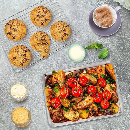 P&P CHEF 10.4 Inch Toaster Oven Pan with Rack Set, Stainless Steel Baking Pan Tray and Grid Cooling Rack for Cooking/Roasting, Dishwasher Safe & Easy to Clean, Non-toxic & Sturdy, (2Pcs)