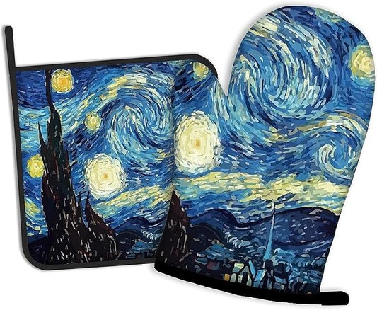 The Starry Night Oven Mitts and Pot Holders Kitchen Cooking Gloves 2 Pcs Set Heat Resistant Pad for Baking BBQ Home Decor