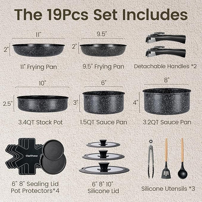 Chef Power Ceramic Nonstick Cookware Set 19 Piece with Detachable Handle, Induction Dishwasher Oven Safe Pans and Pots Set, RV Kitchen Set Removable Handle, Rock Stone Black - Image 2