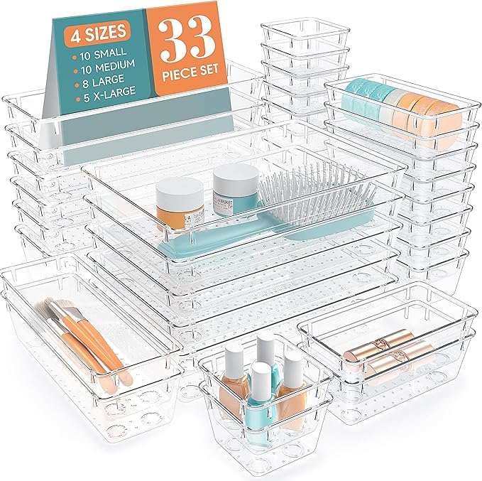 StorMiracle 33 PCS Clear Plastic Drawer Organizers Set, 4 Size Desk Drawer Organizer Trays for Makeup, Jewelry, Kitchen Utensils, Gadgets and Office Accessories by StorMiracle