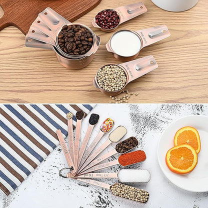 Copper Measuring Spoons Set 10, Stainless Steel Measuring Spoons with Leveler, Metric & US Metal Measuring Spoons fro Baking & Kitchen, Dry&Liquid Long Handle Measruing Spoons for Spice Jar