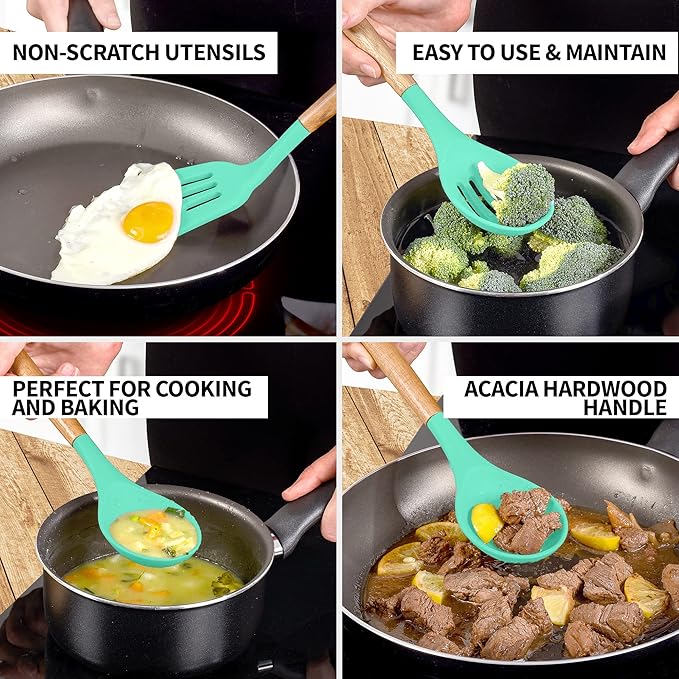 Zulay Kitchen Non-Stick Cooking Utensils Set with Authentic Acacia Wood Handles – 5-Piece Durable & Stylish Silicone Kitchen Utensils Set – Heat Resistant to 464°F – Mint - Image 3