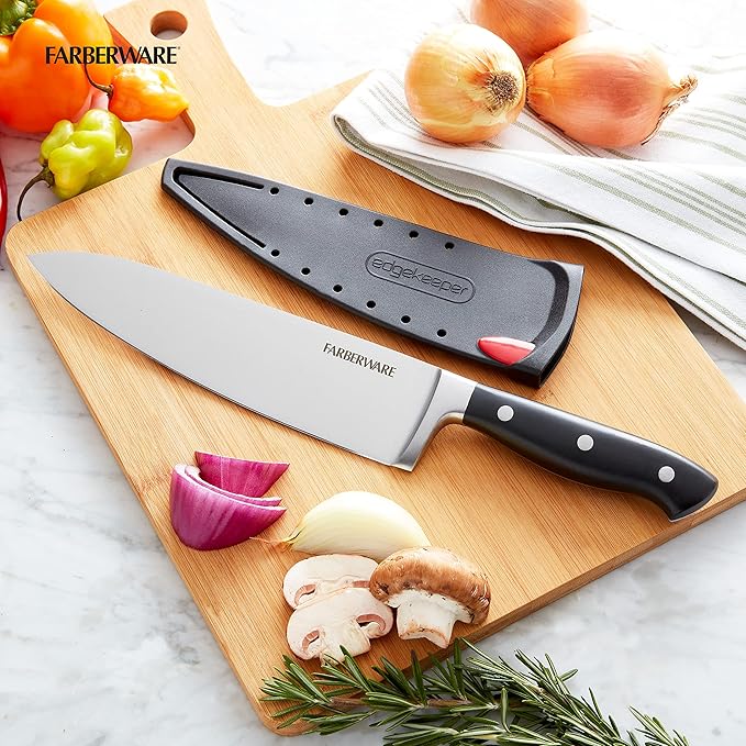 Farberware Edgekeeper 8-Inch Forged Triple Riveted Chef Knife with Self-Sharpening Blade Cover, High Carbon-Stainless Steel Kitchen Knife with Ergonomic Handle, Razor-Sharp Knife, Black - Image 6