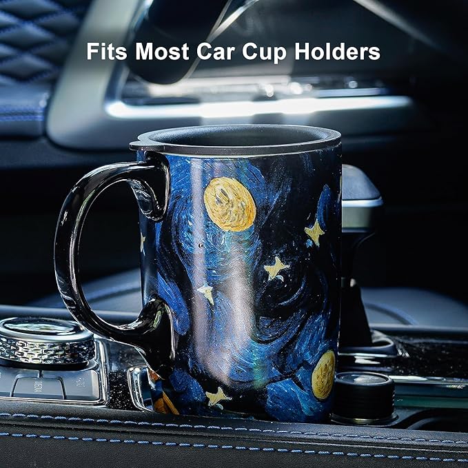 Topadorn Ceramic Coffee Travel Mug with Lid and Handle - 17 Oz Large Ceramic Latte Teacup with Color Box, Splash Resistant Lid - To Go Tumbler for Car Cup Holder, Starry Sky