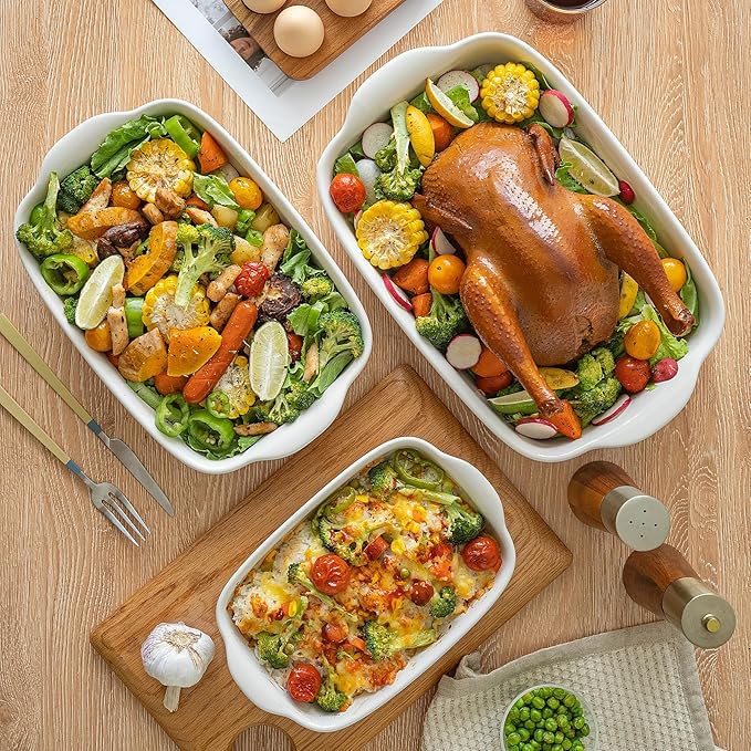 3-Pack Ceramic Baking Dishes Set,Heavy-Duty Oven-Safe Stoneware,Deep Rectangular Casserole Pans for Lasagna & Baking,High Heat Resistant,Handcrafted Glazed Finish (13.8''/12''/9.6'' Pure Off-White) - Image 9